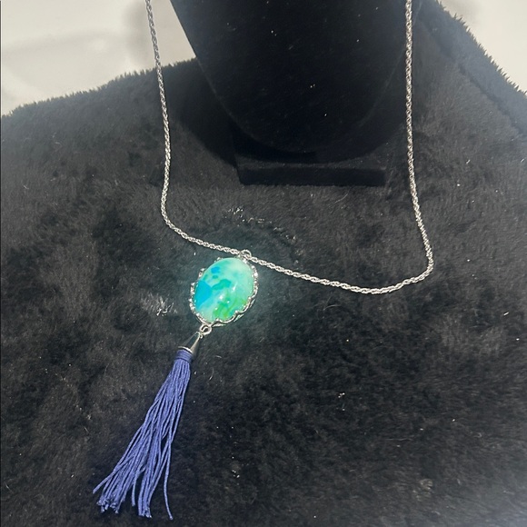 Christopher & Banks Silver Necklace with Turquoise Pendant and Dark Blue Tassel - Picture 7 of 12